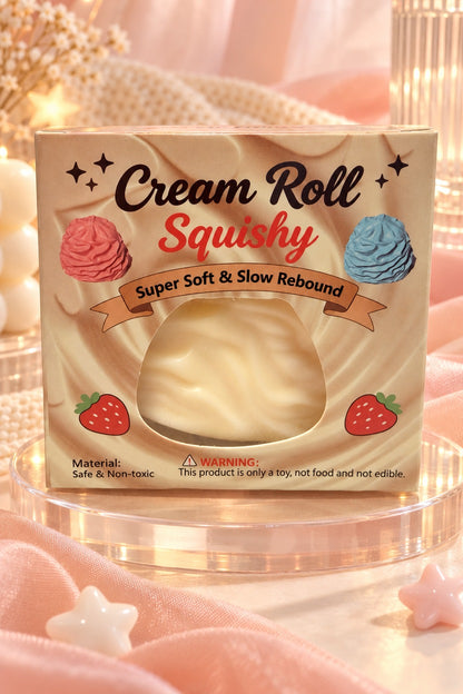 White Cream Roll Squishy in its retail package on a warm styled display