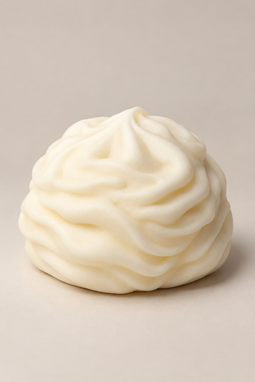 White Cream Roll Squishy unboxed, swirled texture
