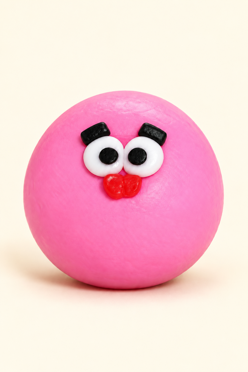 Pink crunchy face-swap squishy ball with black eyebrow pieces above the eyes; packaging-free styled image