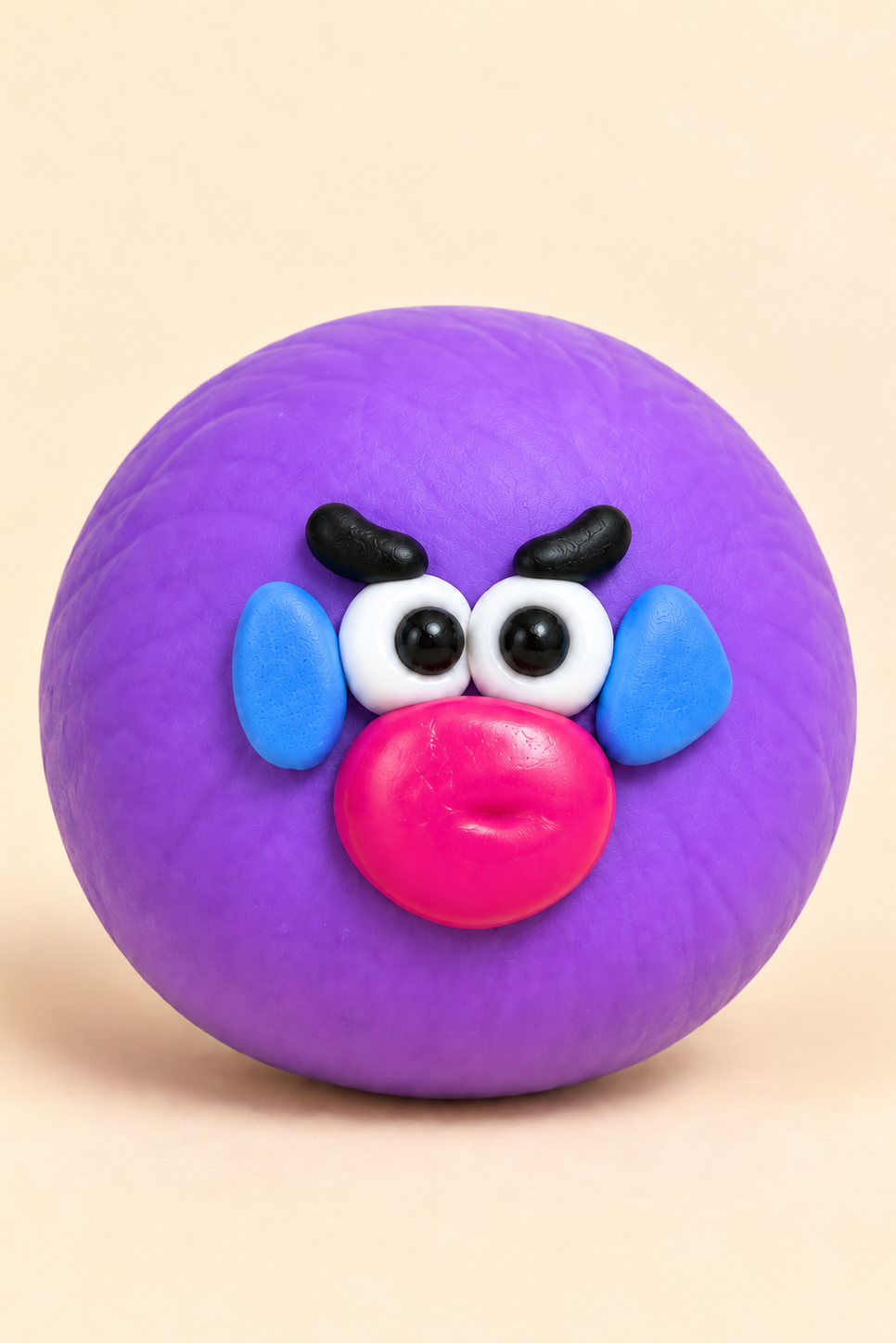 Purple crunchy face-swap squishy ball with black eyebrow pieces above the eyes; packaging-free styled image