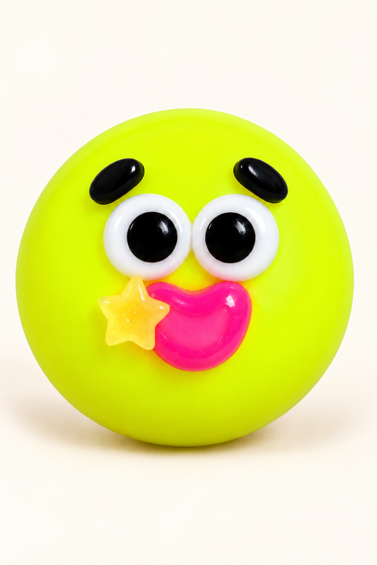 Yellow crunchy face-swap squishy ball with black eyebrow pieces above the eyes; packaging-free styled image