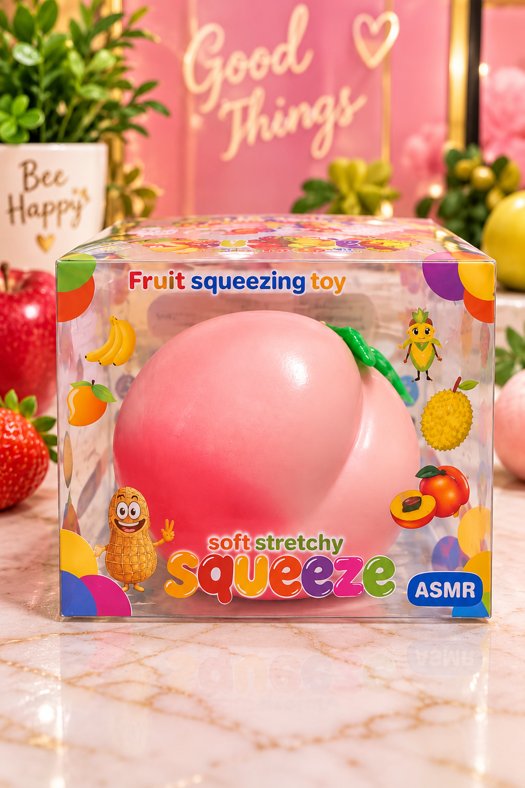 Crunchy peach fruit squishy in original retail package