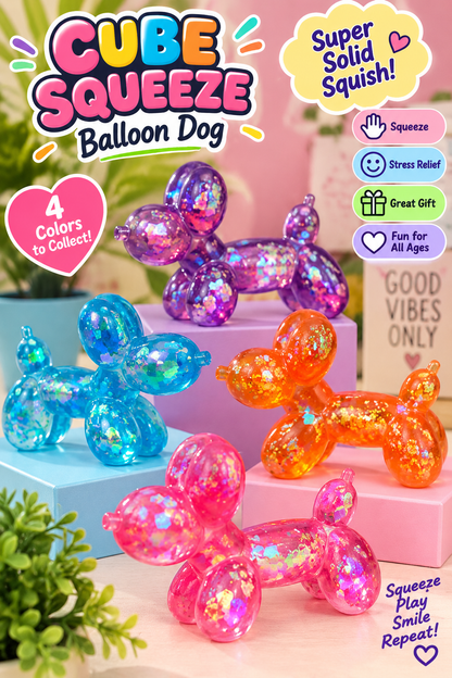 Blue orange pink and purple glitter-filled balloon dog squishy toys displayed together