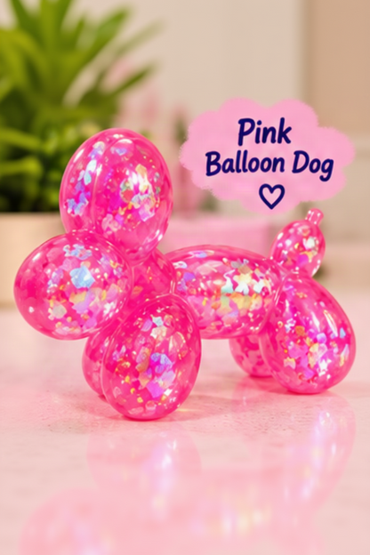 Pink glitter-filled Cube Squeeze balloon dog squishy toy