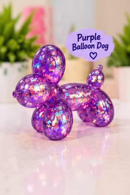 Purple glitter-filled Cube Squeeze balloon dog squishy toy