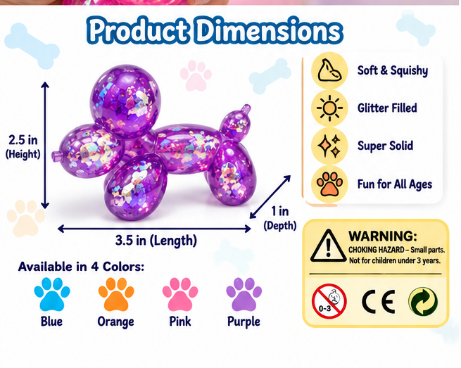 Balloon dog squishy size and warning guide showing 3.5 inch length, 2.5 inch height, 1 inch depth and choking hazard warning