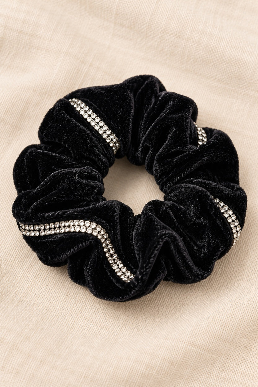 Black ELLAS velvet scrunchie with continuous double-row rhinestone trim
