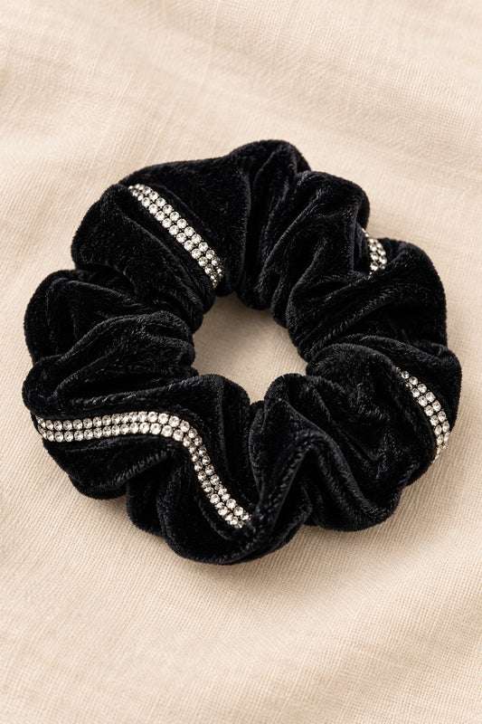 Black ELLAS velvet scrunchie with continuous double-row rhinestone trim
