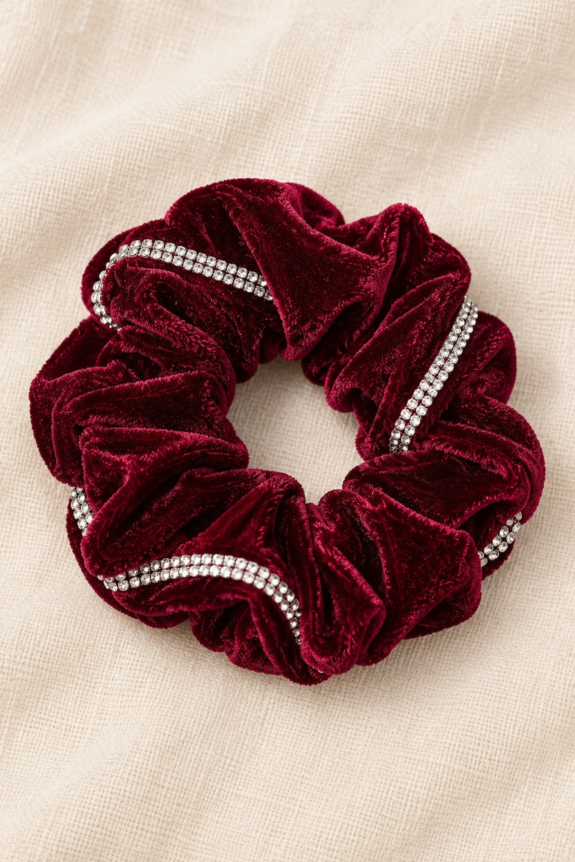 Burgundy ELLAS velvet scrunchie with continuous double-row rhinestone trim