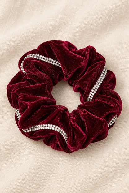 Burgundy ELLAS velvet scrunchie with continuous double-row rhinestone trim