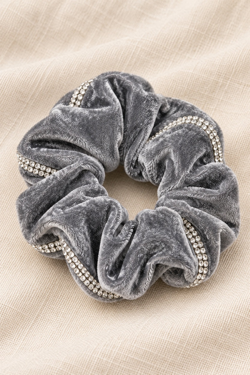 Gray ELLAS velvet scrunchie with continuous double-row rhinestone trim