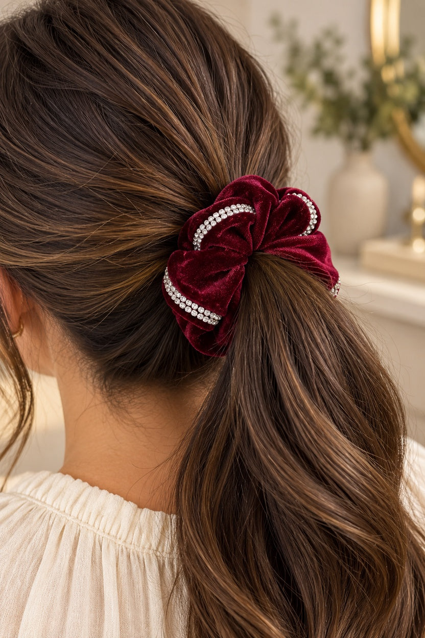 Burgundy double-row rhinestone scrunchie worn in a brunette ponytail