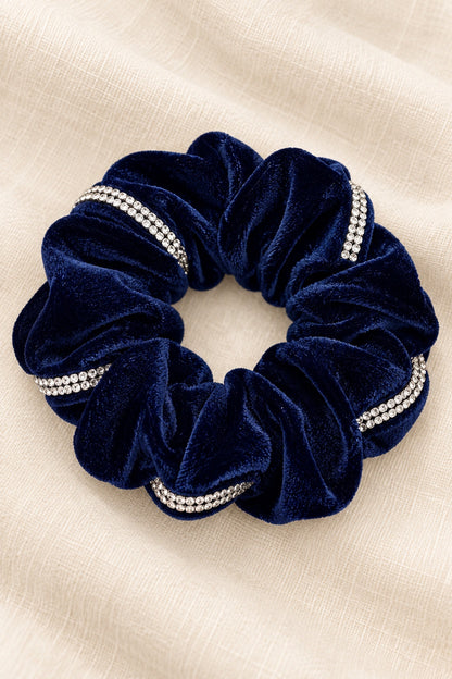 Navy Blue ELLAS velvet scrunchie with continuous double-row rhinestone trim