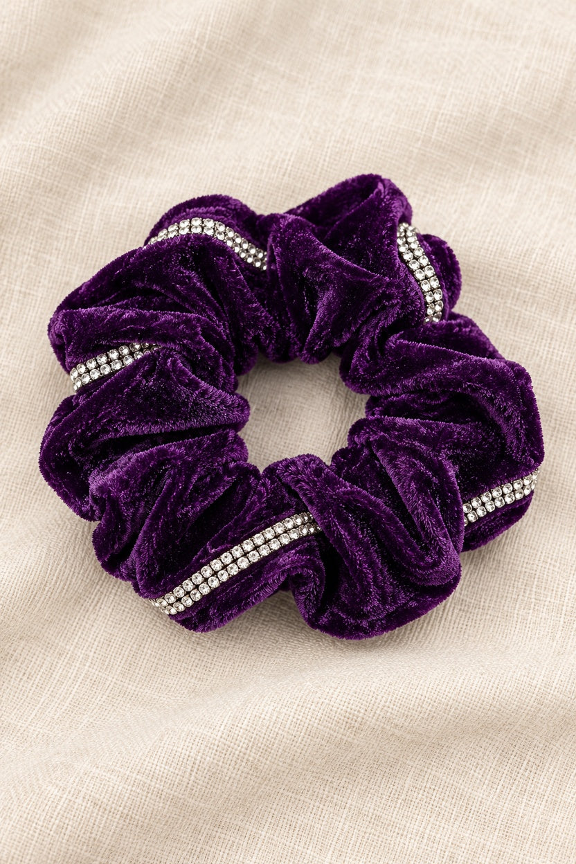 Plum ELLAS velvet scrunchie with continuous double-row rhinestone trim