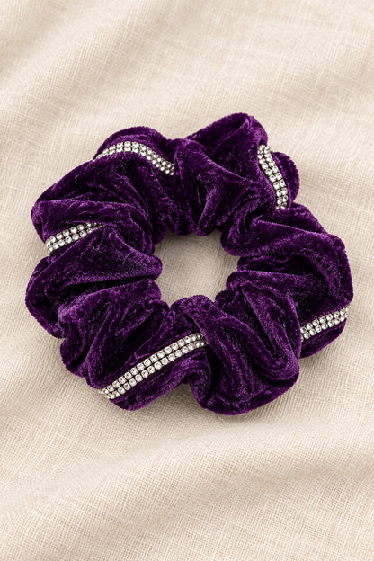 Plum ELLAS velvet scrunchie with continuous double-row rhinestone trim