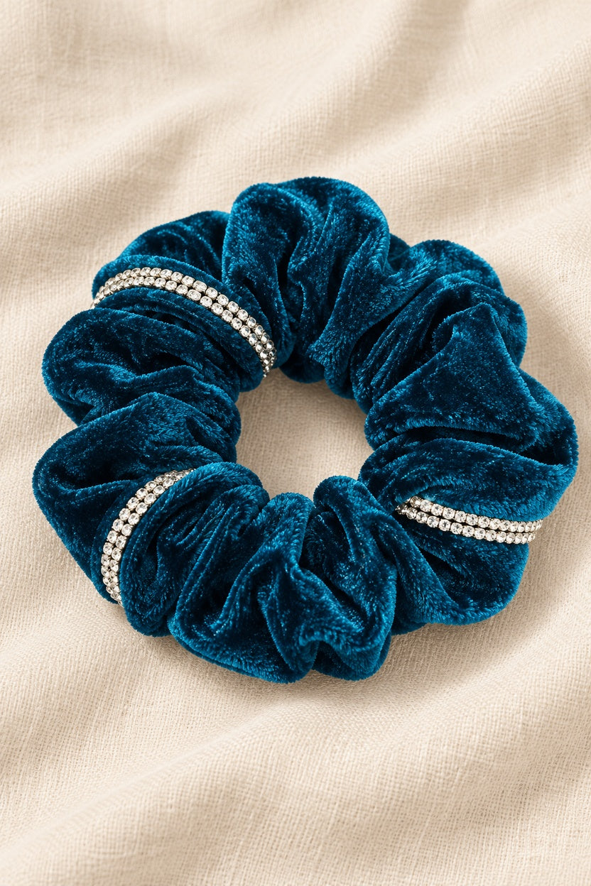 Teal ELLAS velvet scrunchie with continuous double-row rhinestone trim