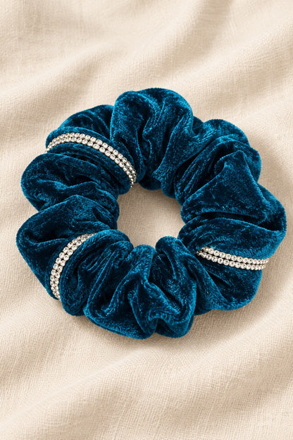 Teal ELLAS velvet scrunchie with continuous double-row rhinestone trim