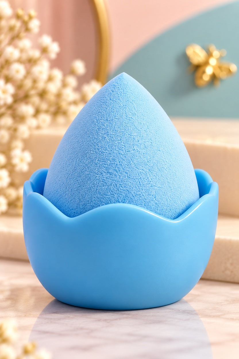 Close-up of blue makeup sponge texture and plain coordinating stand