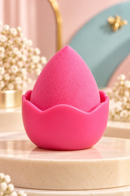 Hot Pink makeup sponge in its plain coordinating stand, shown unpackaged; one boxed set per purchase