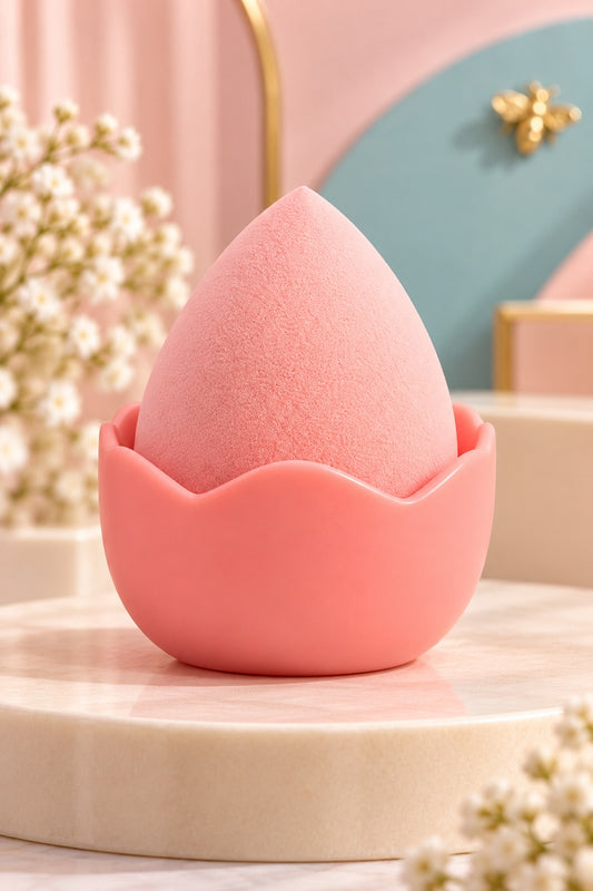 Pink makeup sponge in its plain coordinating stand, shown unpackaged; one boxed set per purchase