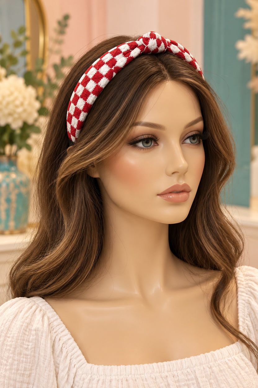 Red and white checkered top-knot headband styled on a long-haired display mannequin