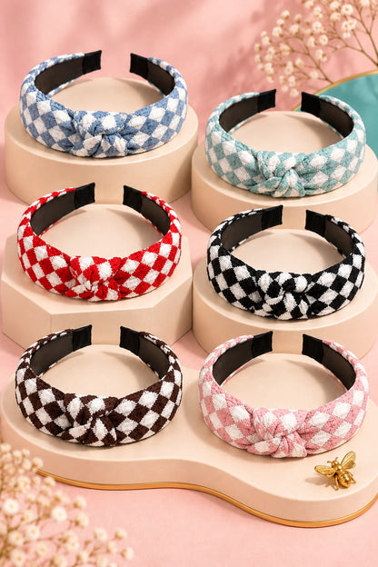 Six colors checkered top-knot headbands in a six-color boutique display