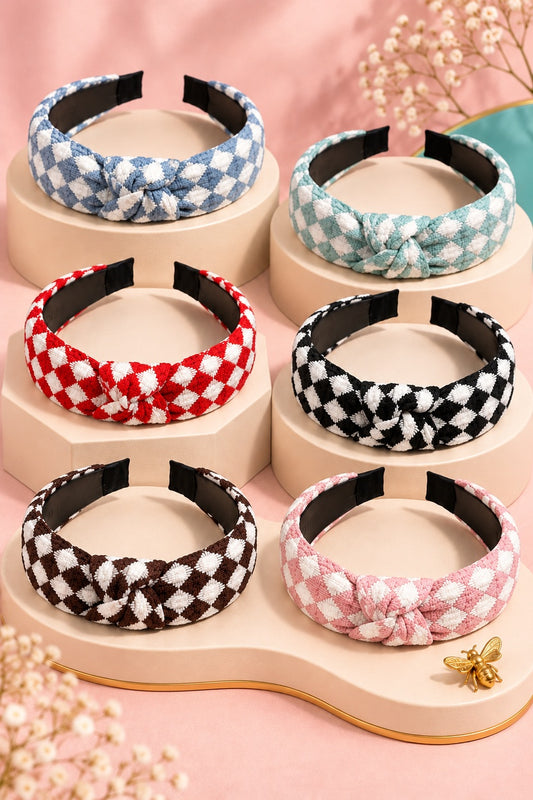 Six colors checkered top-knot headbands in a six-color boutique display