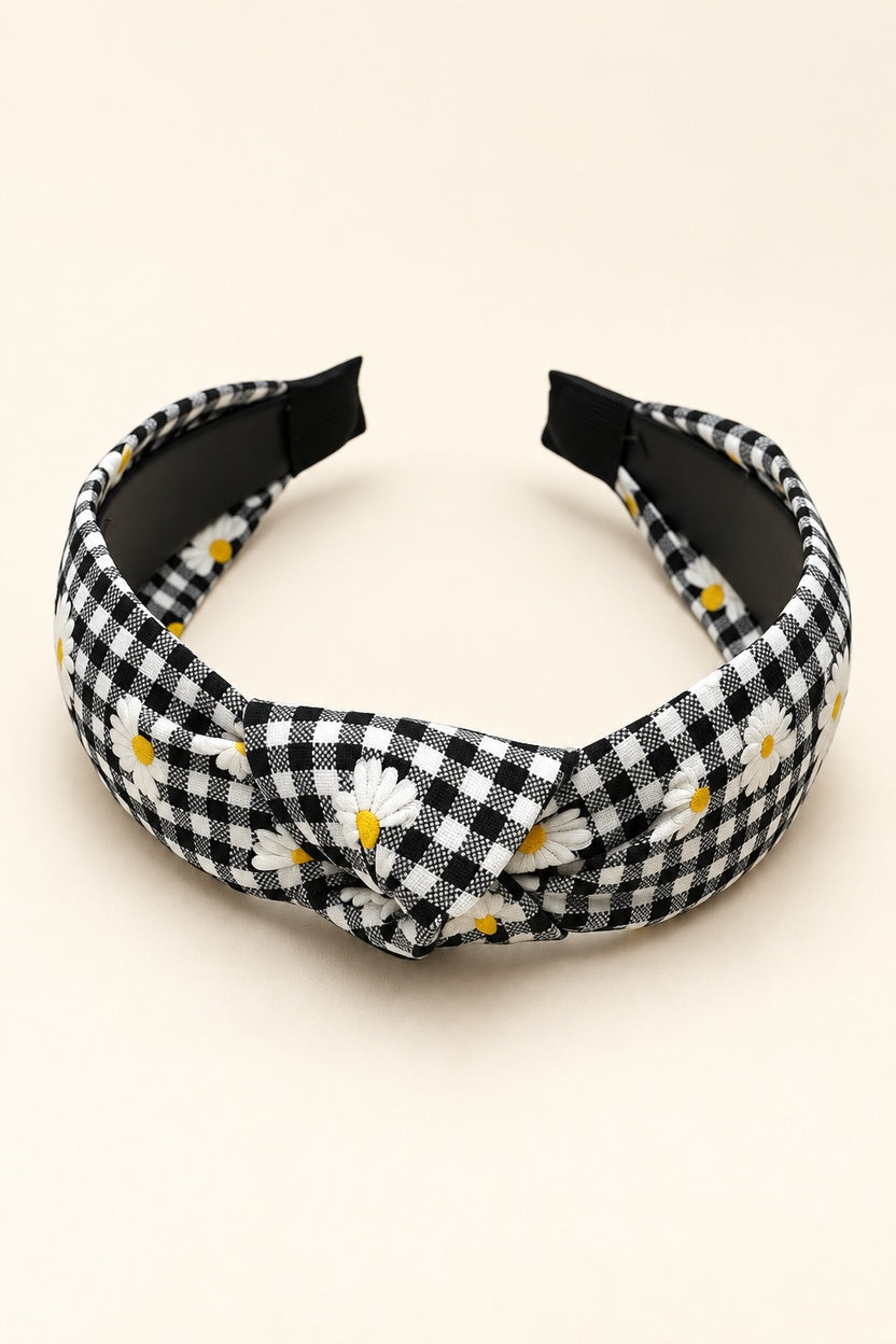 Black Ellas daisy gingham top-knot horseshoe headband with white daisies and yellow centers, black underside and covered tips