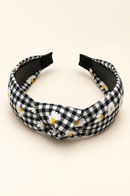 Black Ellas daisy gingham top-knot horseshoe headband with white daisies and yellow centers, black underside and covered tips