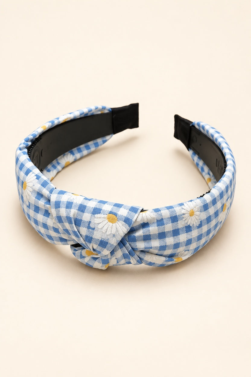 Blue Ellas daisy gingham top-knot horseshoe headband with white daisies and yellow centers, black underside and covered tips