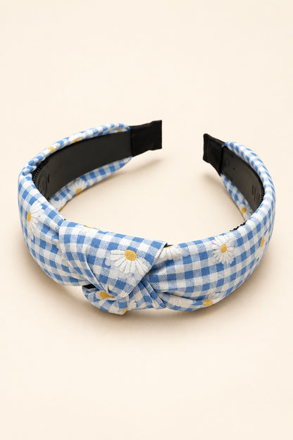 Blue Ellas daisy gingham top-knot horseshoe headband with white daisies and yellow centers, black underside and covered tips