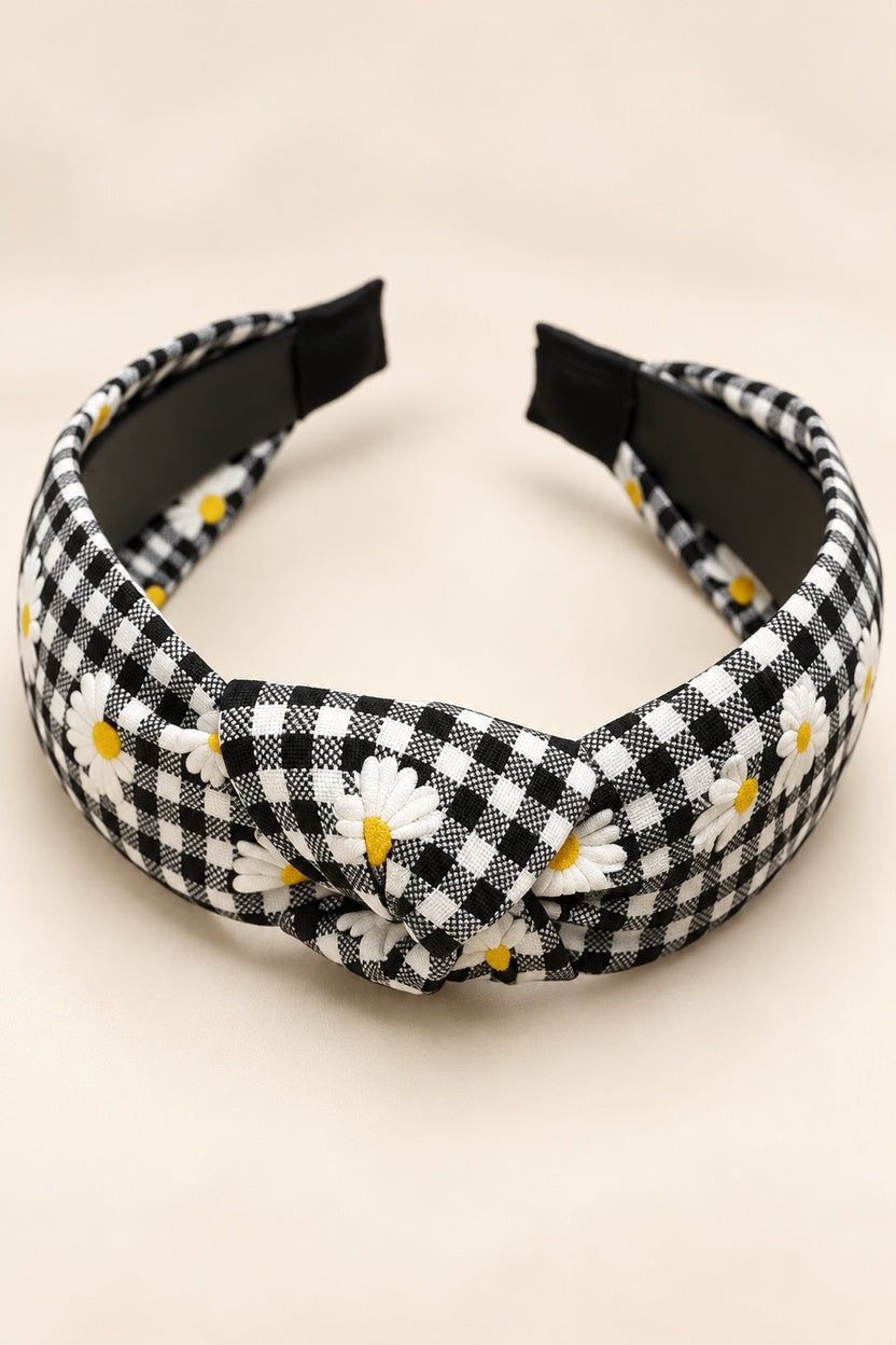 Black daisy gingham headband fabric texture and centered top-knot detail