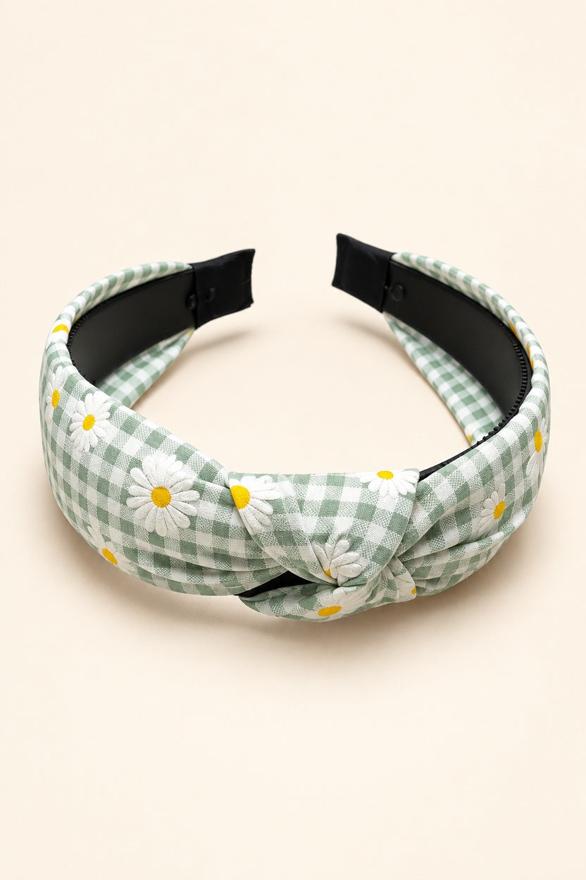 Mint Green Ellas daisy gingham top-knot horseshoe headband with white daisies and yellow centers, black underside and covered tips