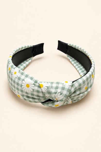 Mint Green Ellas daisy gingham top-knot horseshoe headband with white daisies and yellow centers, black underside and covered tips