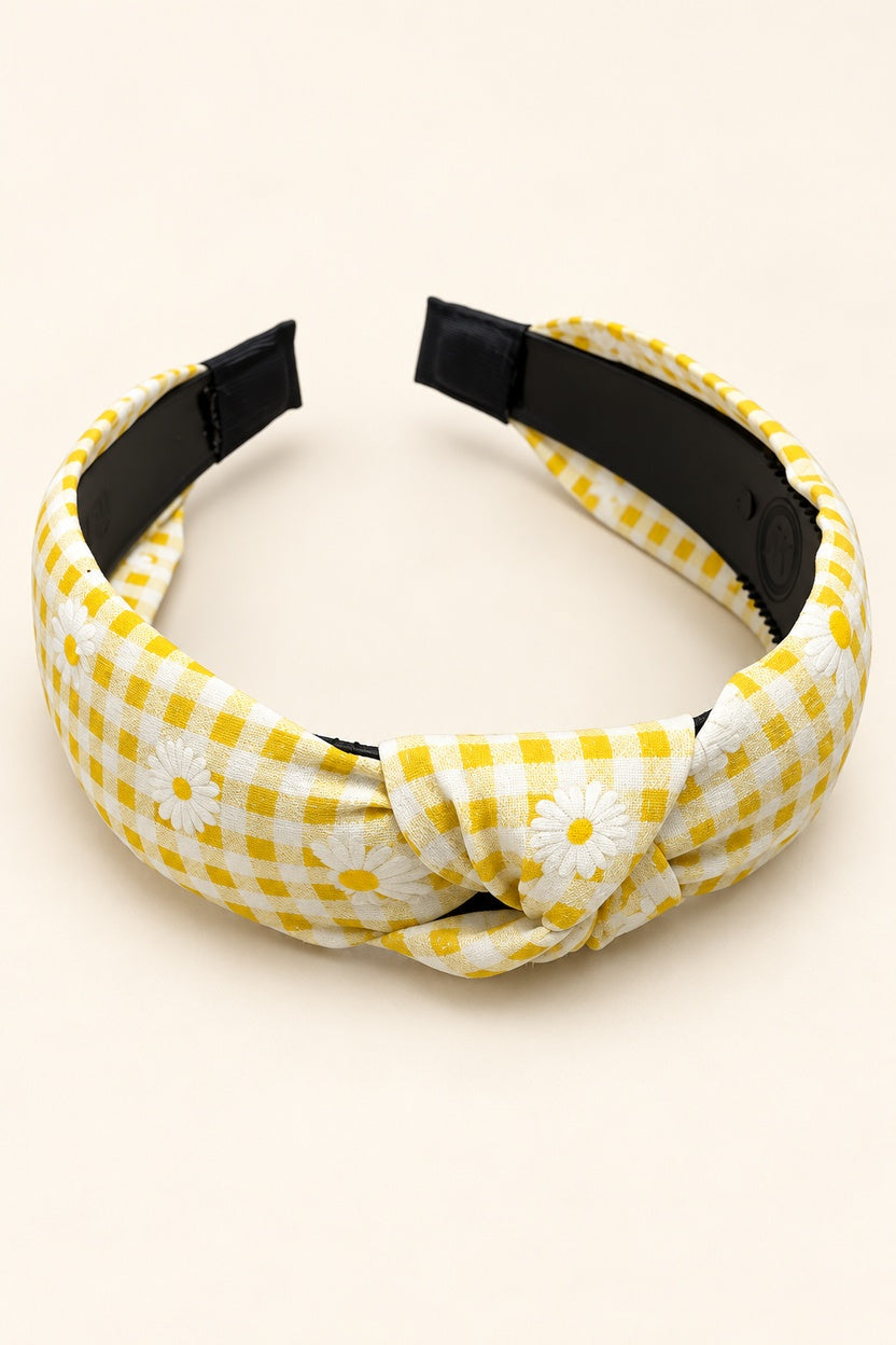 Yellow Ellas daisy gingham top-knot horseshoe headband with white daisies and yellow centers, black underside and covered tips