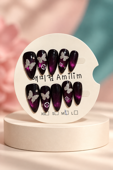 Midnight Butterfly Cat-Eye Press-On / Glue-On Nails – Long Almond