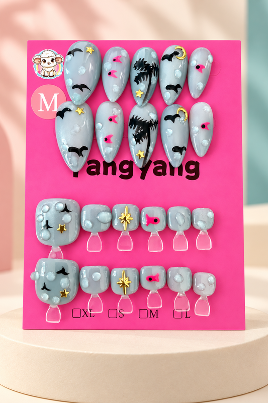 Yang Yang Night Sky Birds Press-On Fingernail & Toenail Set - Size M; original manufacturer card displayed without outer wrapper on a cream studio plinth