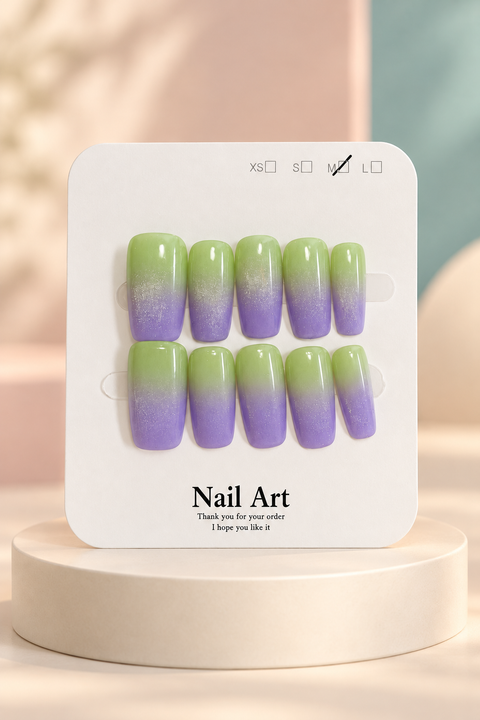 Green-to-Purple Ombré Press-On / Glue-On Nails – Soft Square Size M