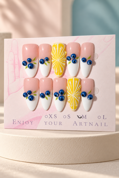 Blueberry Lemon Fruit Press-On / Glue-On Nails – Almond Size M