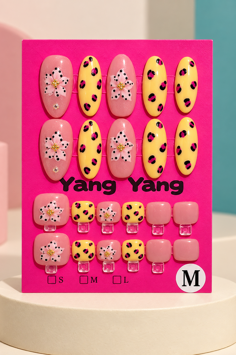 Pink Floral Yellow Leopard Press-On Fingernail & Toenail Set – Size M