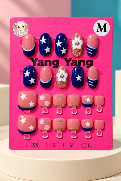 Navy Pink Star Floral Press-On Fingernail & Toenail Set – Size M