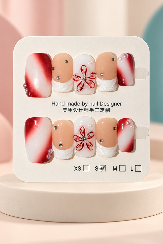 Red White Floral Ombré Press-On / Glue-On Nails – Soft Square Size S; original manufacturer card displayed without outer wrapper on a cream studio plinth