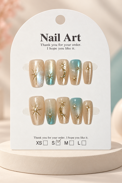 Champagne Blue Celestial Press-On / Glue-On Nails – Soft Square Size S; original manufacturer card displayed without outer wrapper on a cream studio plinth