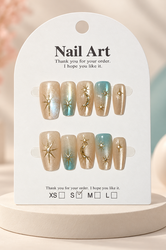 Champagne Blue Celestial Press-On / Glue-On Nails – Soft Square Size S; original manufacturer card displayed without outer wrapper on a cream studio plinth
