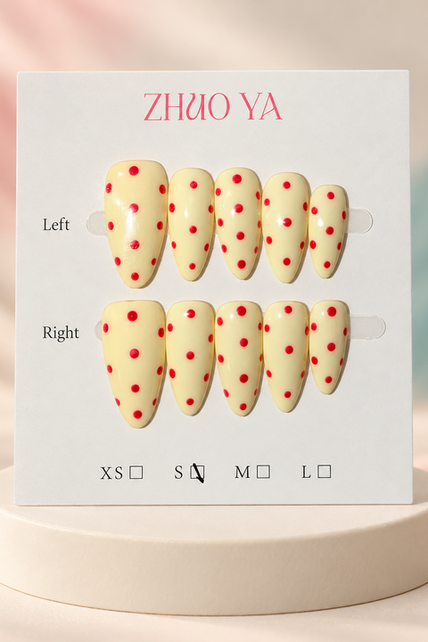 Pale Yellow Red Polka Dot Press-On / Glue-On Nails – Almond Size S