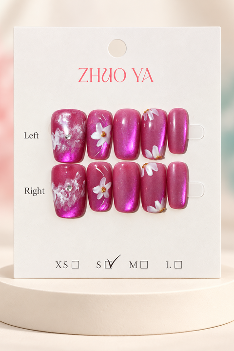 Magenta Floral Shimmer Press-On / Glue-On Nails – Soft Square Size S