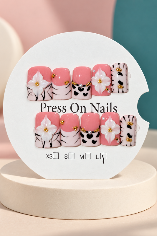 Coral Floral Heart Press-On / Glue-On Nails – Soft Square Size L; original manufacturer card displayed without outer wrapper on a cream studio plinth