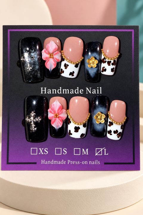 Black Nude Floral Jeweled Press-On / Glue-On Nails – Soft Square Size L