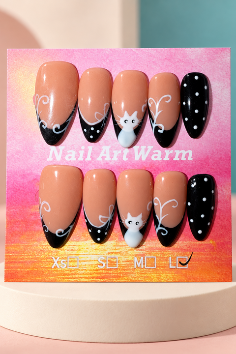 Nude Black Cat Press-On / Glue-On Nails – Almond Size L