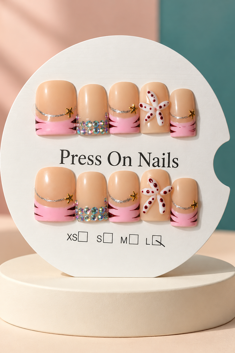 Nude Pink Floral Rhinestone Press-On / Glue-On Nails – Soft Square Size L